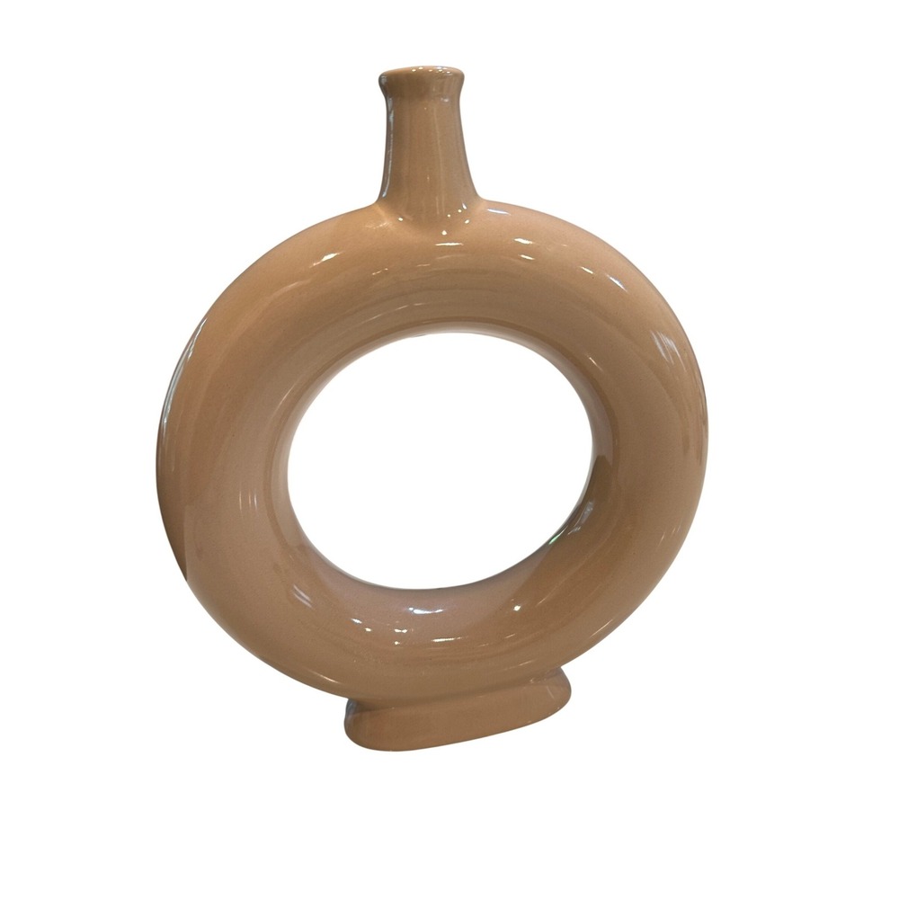 Modern Tan Ceramic Donut Vase Minimalist Circular Hollow Round Flower Bud Vase